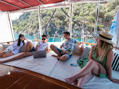 Deck of Pronto Blue, a Gulet Gulet gulet at Fethiye, Turkey