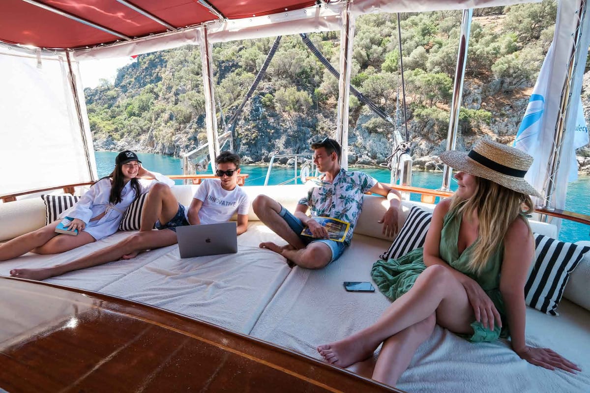 Deck of Pronto Blue, a Gulet Gulet gulet at Fethiye, Turkey