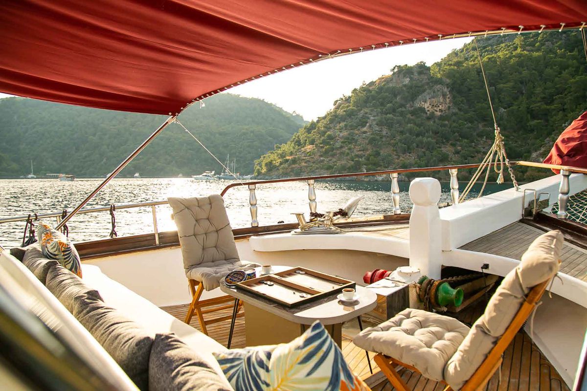 Deck of Pronto Blue, a Gulet Gulet gulet at Fethiye, Turkey