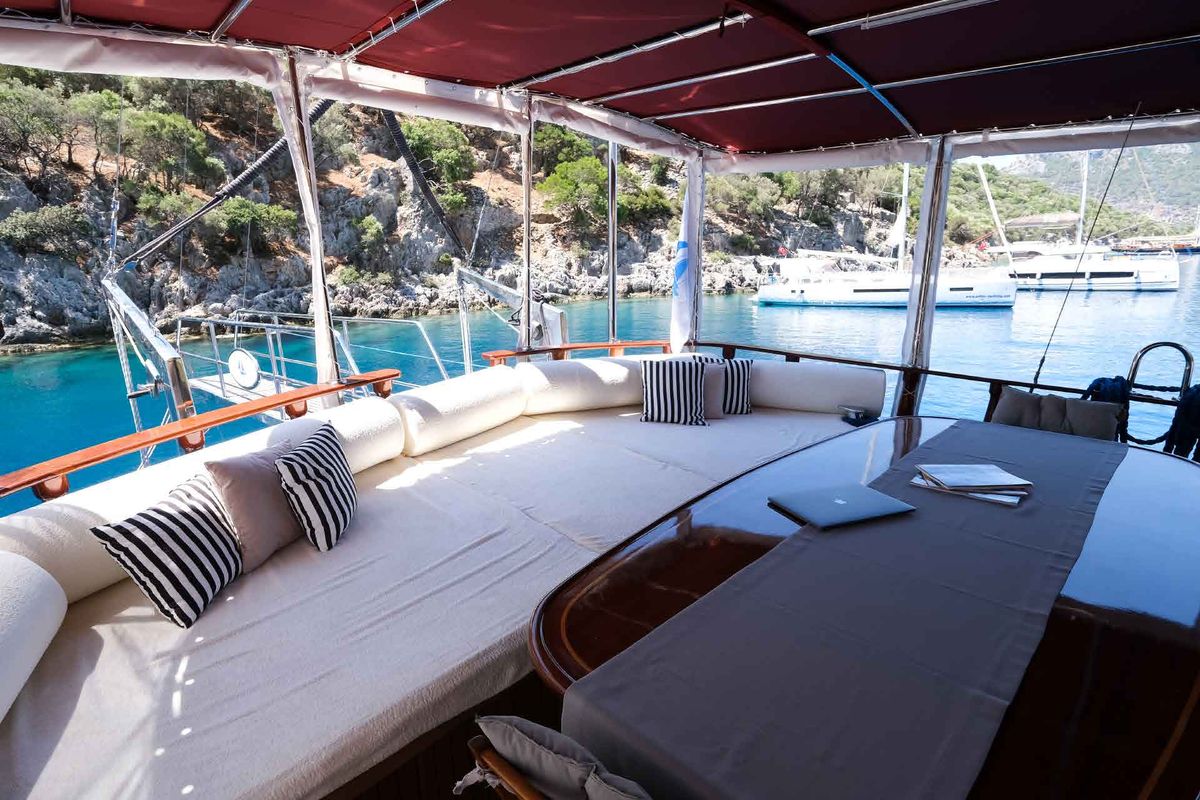 Deck of Pronto Blue, a Gulet Gulet gulet at Fethiye, Turkey
