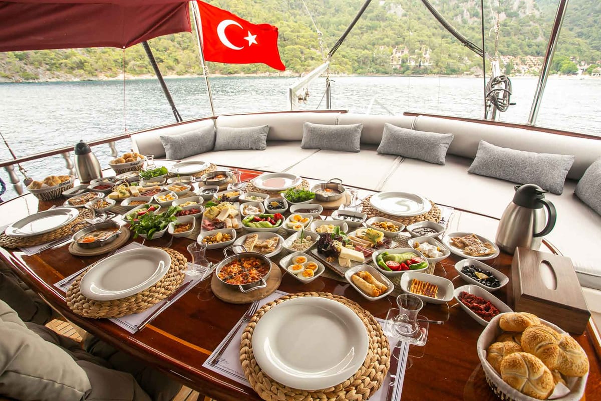 Deck of Pronto Blue, a Gulet Gulet gulet at Fethiye, Turkey