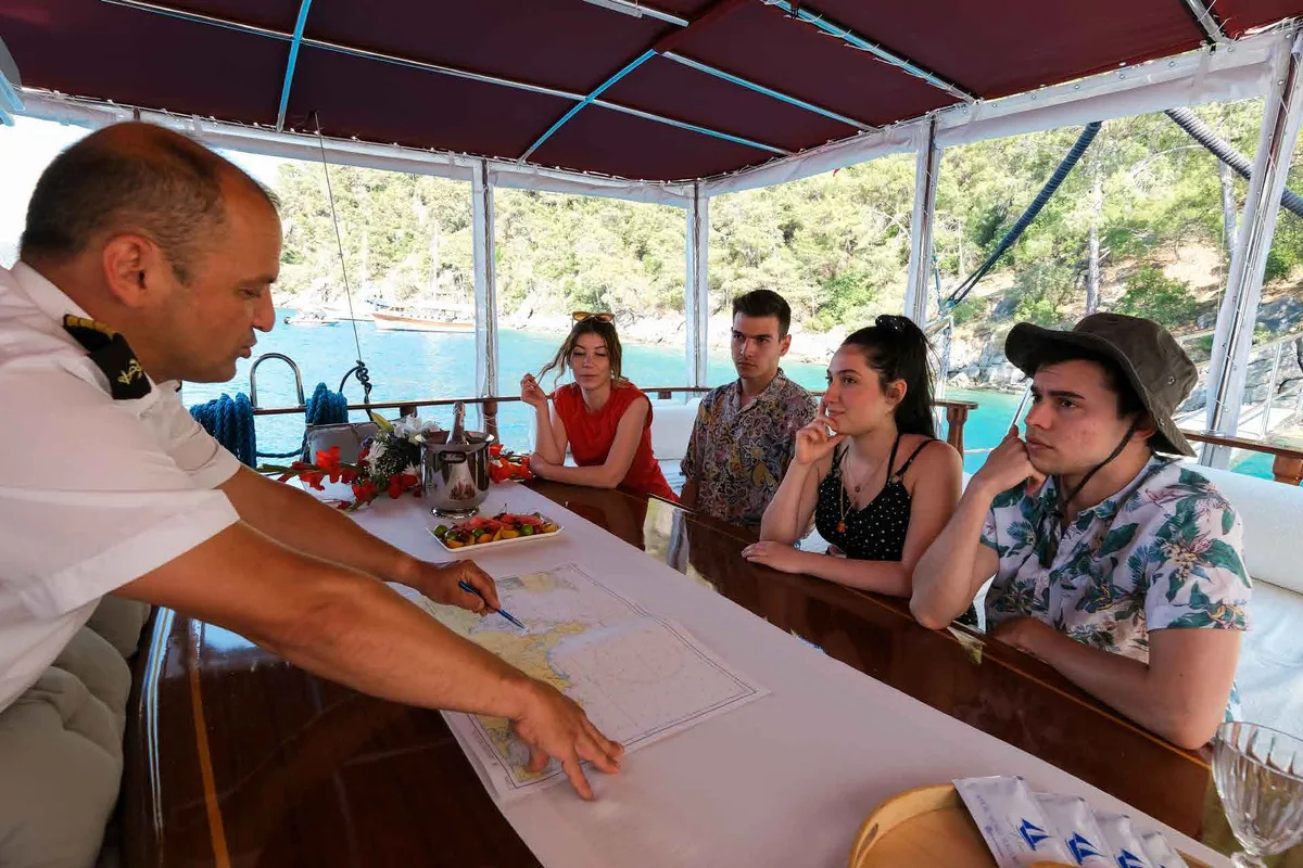 Deck of Pronto Blue, a Gulet Gulet gulet at Fethiye, Turkey