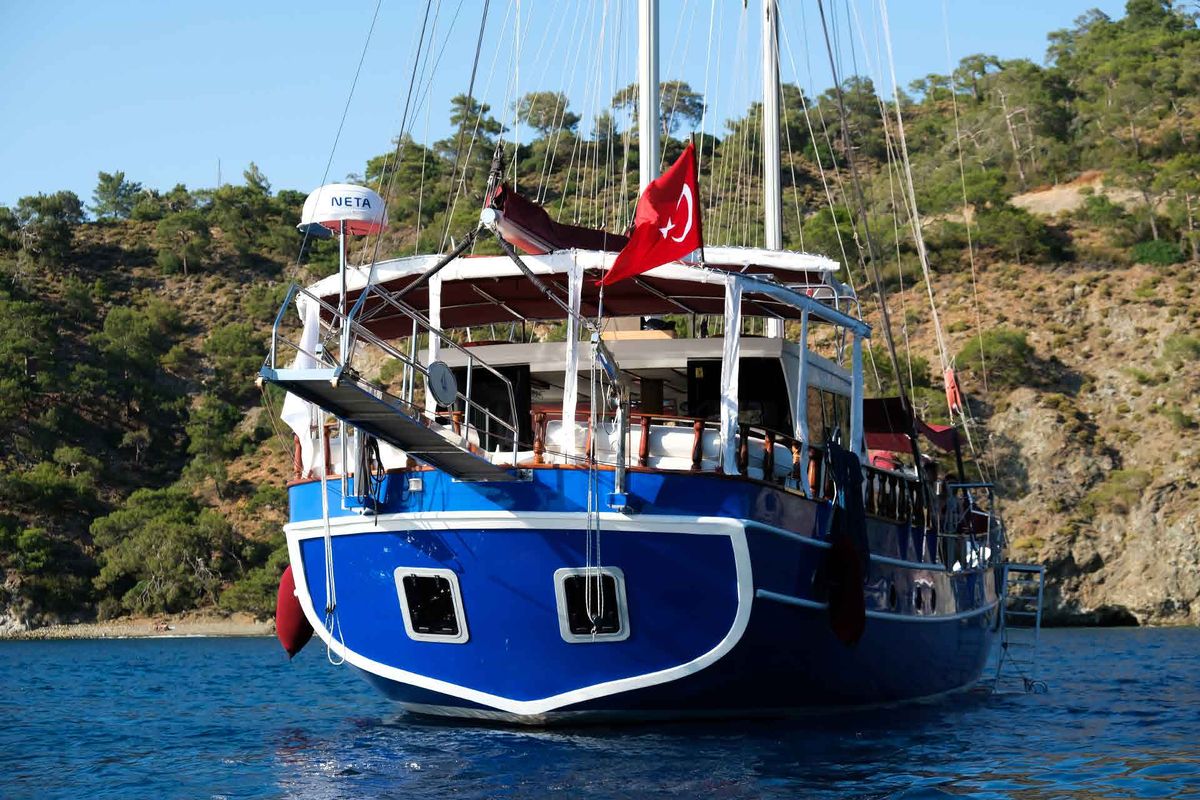 Exterior view of Pronto Blue, a Gulet Gulet gulet at Fethiye, Turkey