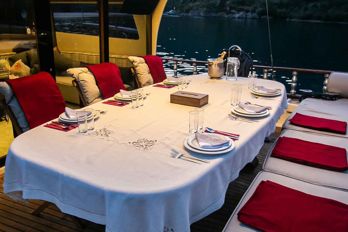 Deck of Pronto Blue, a Gulet Gulet gulet at Fethiye, Turkey