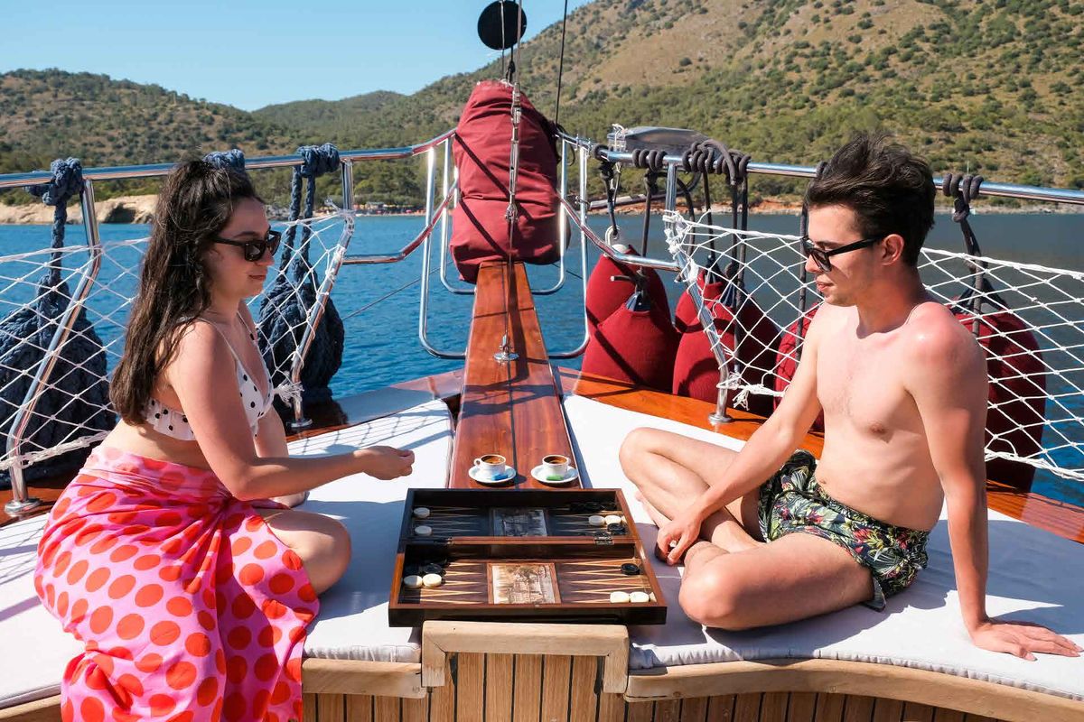 Deck of Pronto Blue, a Gulet Gulet gulet at Fethiye, Turkey
