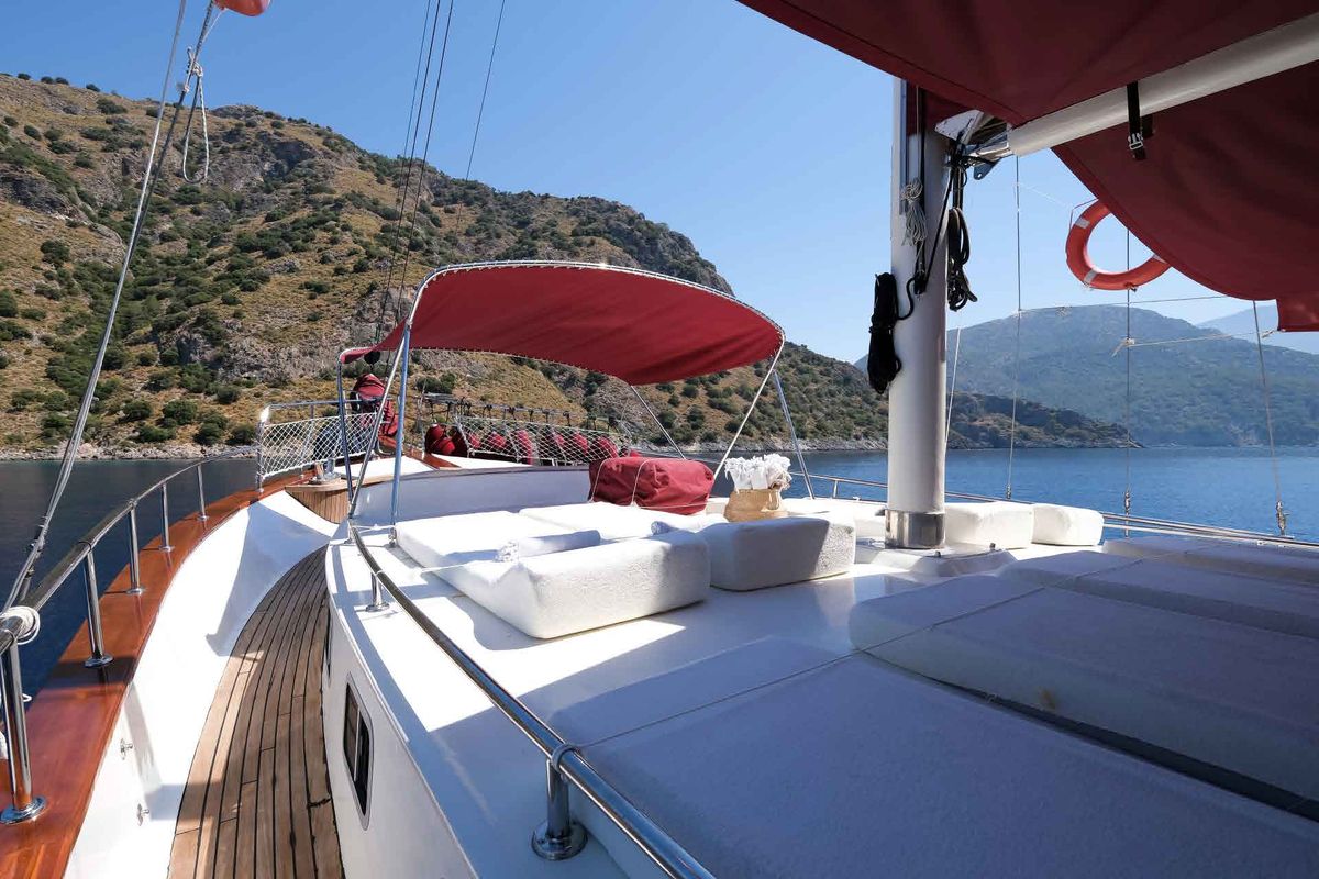 Deck of Pronto Blue, a Gulet Gulet gulet at Fethiye, Turkey