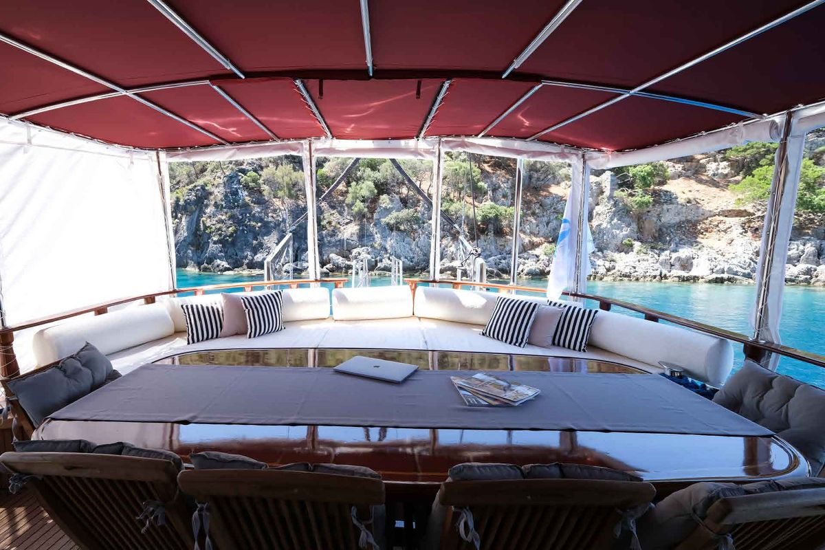 Deck of Pronto Blue, a Gulet Gulet gulet at Fethiye, Turkey