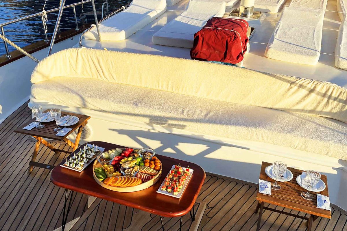 Deck of Pronto Blue, a Gulet Gulet gulet at Fethiye, Turkey