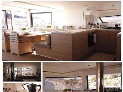 Salon of Therasia, a Bali 5.4 catamaran at Olbia, Italy