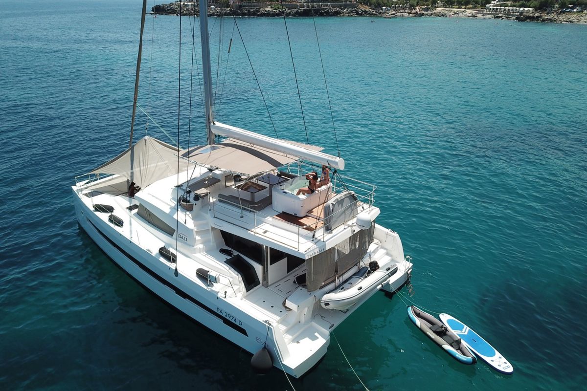 Exterior view of Therasia, a Bali 5.4 catamaran at Olbia, Italy