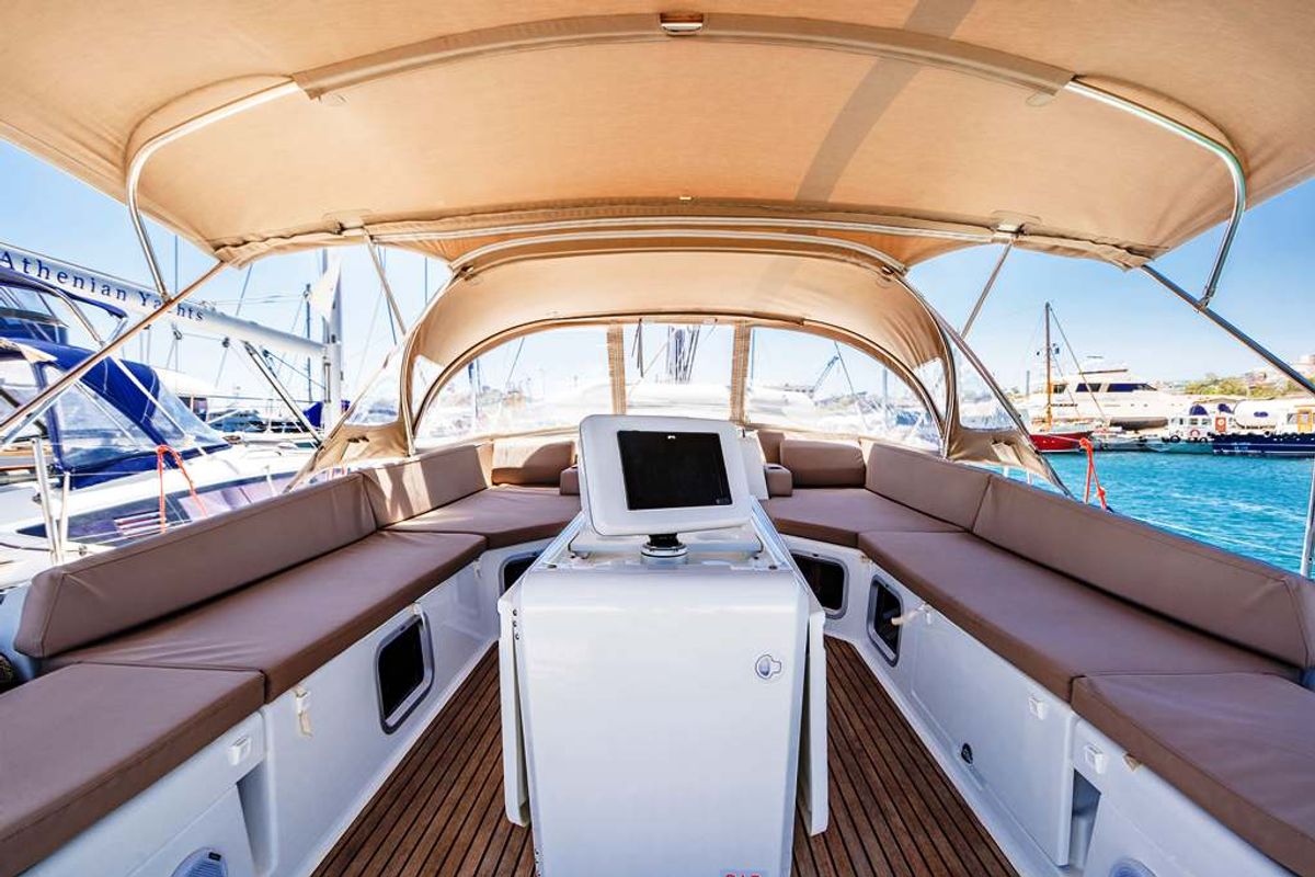 Cockpit of Panayiotis K, a Jeanneau 54 sailboat at Municipal Unit of Nea Peramos, Greece