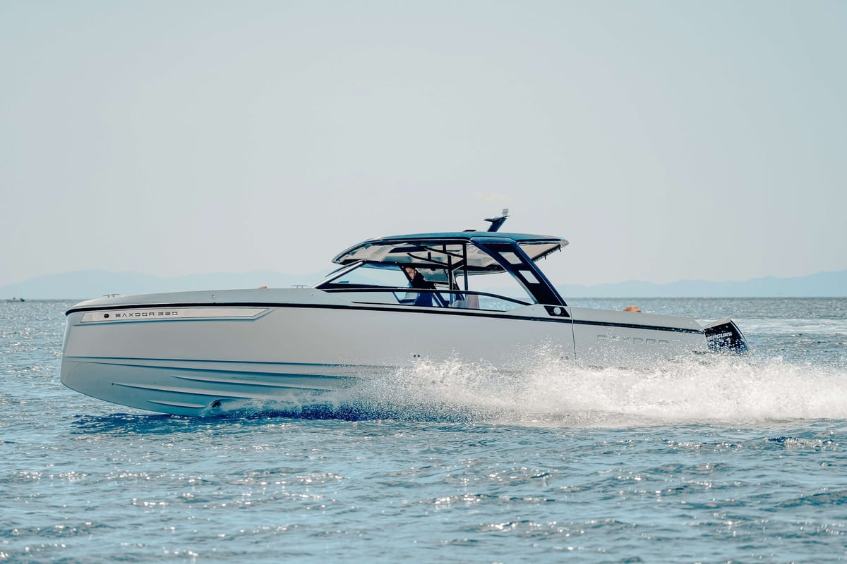 Exterior view of Poseidon, a Saxdor Yachts Saxdor 320 GTO motorboat at Alyki, Greece