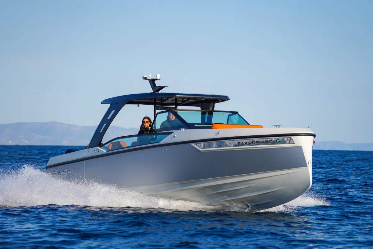 Exterior view of Poseidon, a Saxdor Yachts Saxdor 320 GTO motorboat at Alyki, Greece