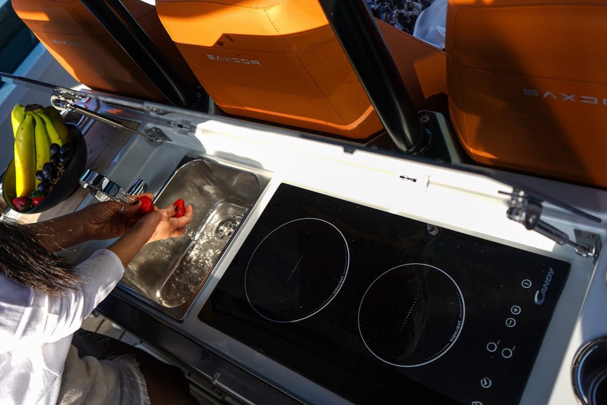 Deck of Poseidon, a Saxdor Yachts Saxdor 320 GTO motorboat at Alyki, Greece