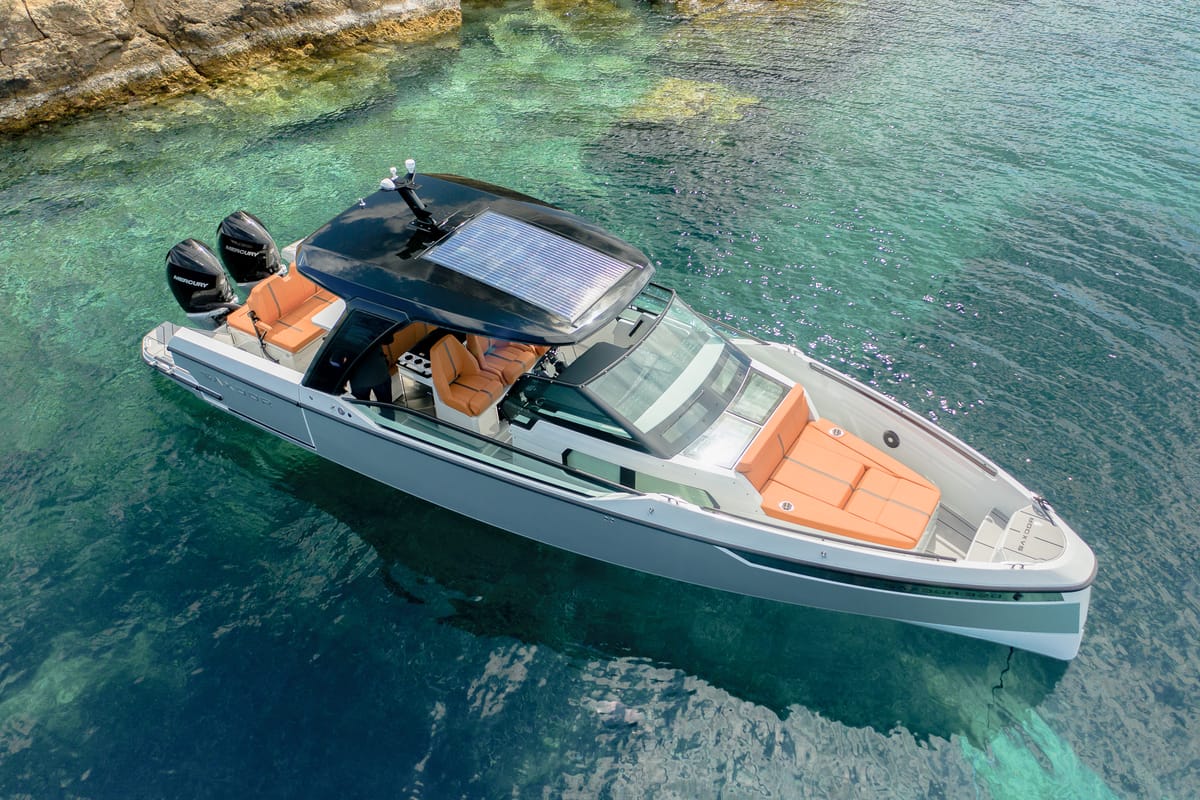 Exterior view of Poseidon, a Saxdor Yachts Saxdor 320 GTO motorboat at Alyki, Greece