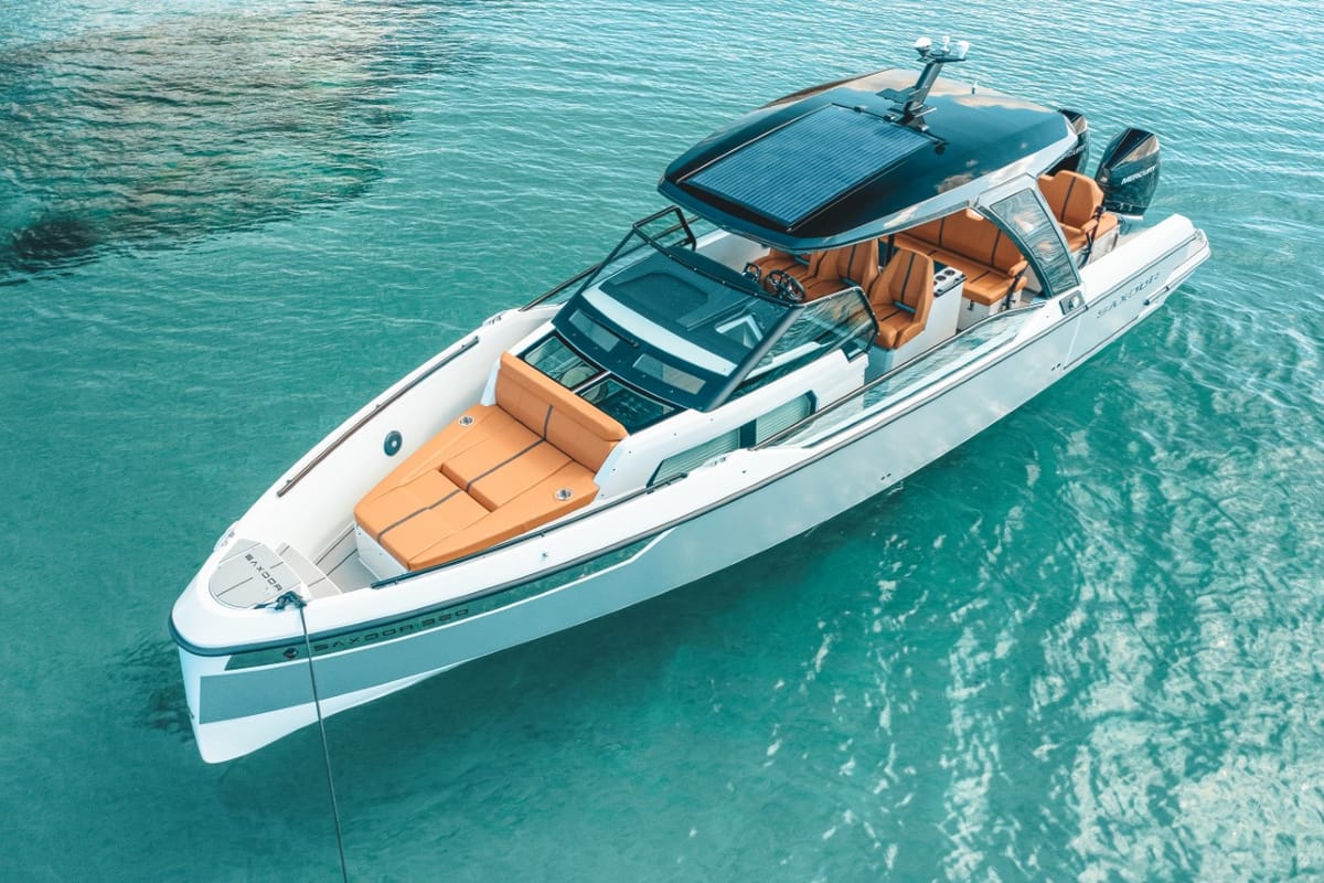 Exterior view of Poseidon, a Saxdor Yachts Saxdor 320 GTO motorboat at Alyki, Greece