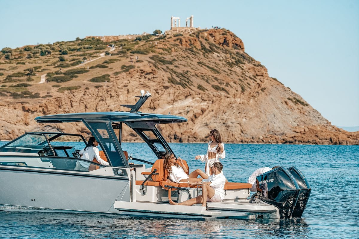 Exterior view of Poseidon, a Saxdor Yachts Saxdor 320 GTO motorboat at Alyki, Greece