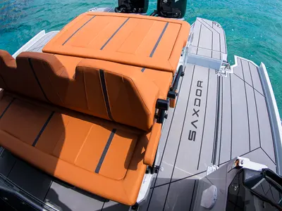 Deck of Poseidon, a Saxdor Yachts Saxdor 320 GTO motorboat at Alyki, Greece