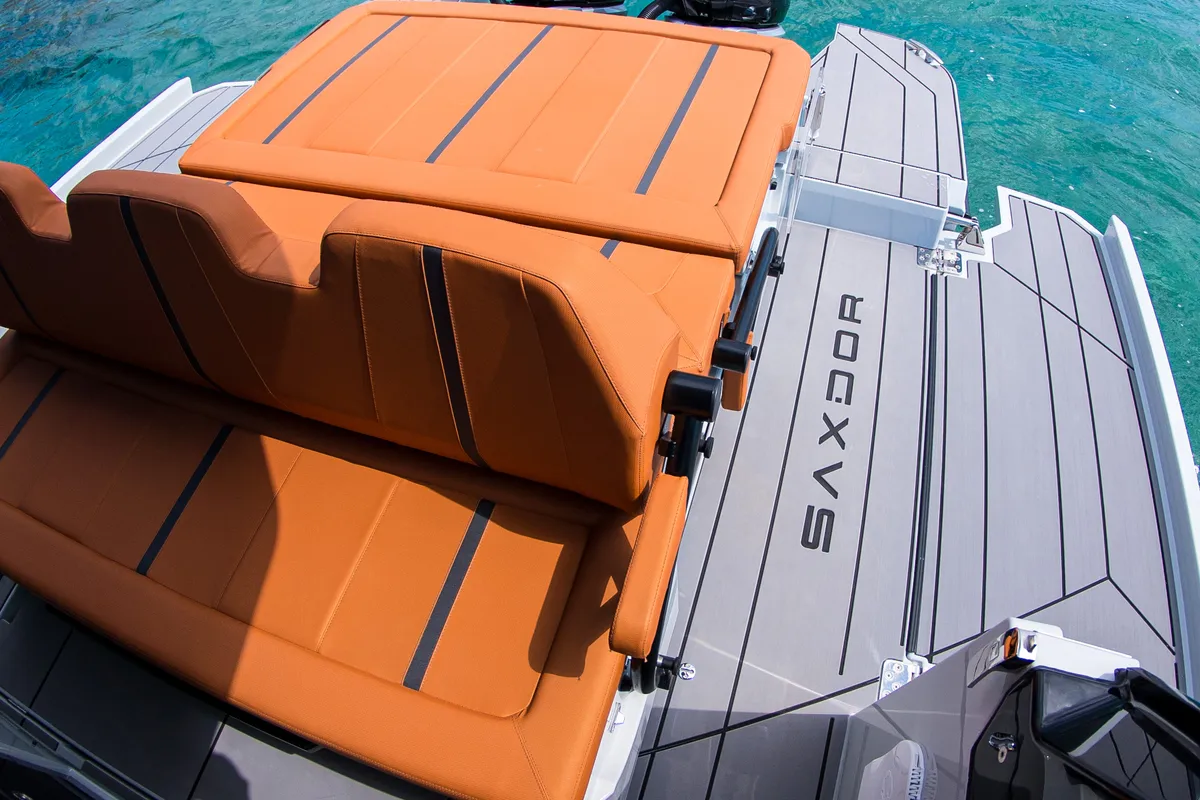 Deck of Poseidon, a Saxdor Yachts Saxdor 320 GTO motorboat at Alyki, Greece