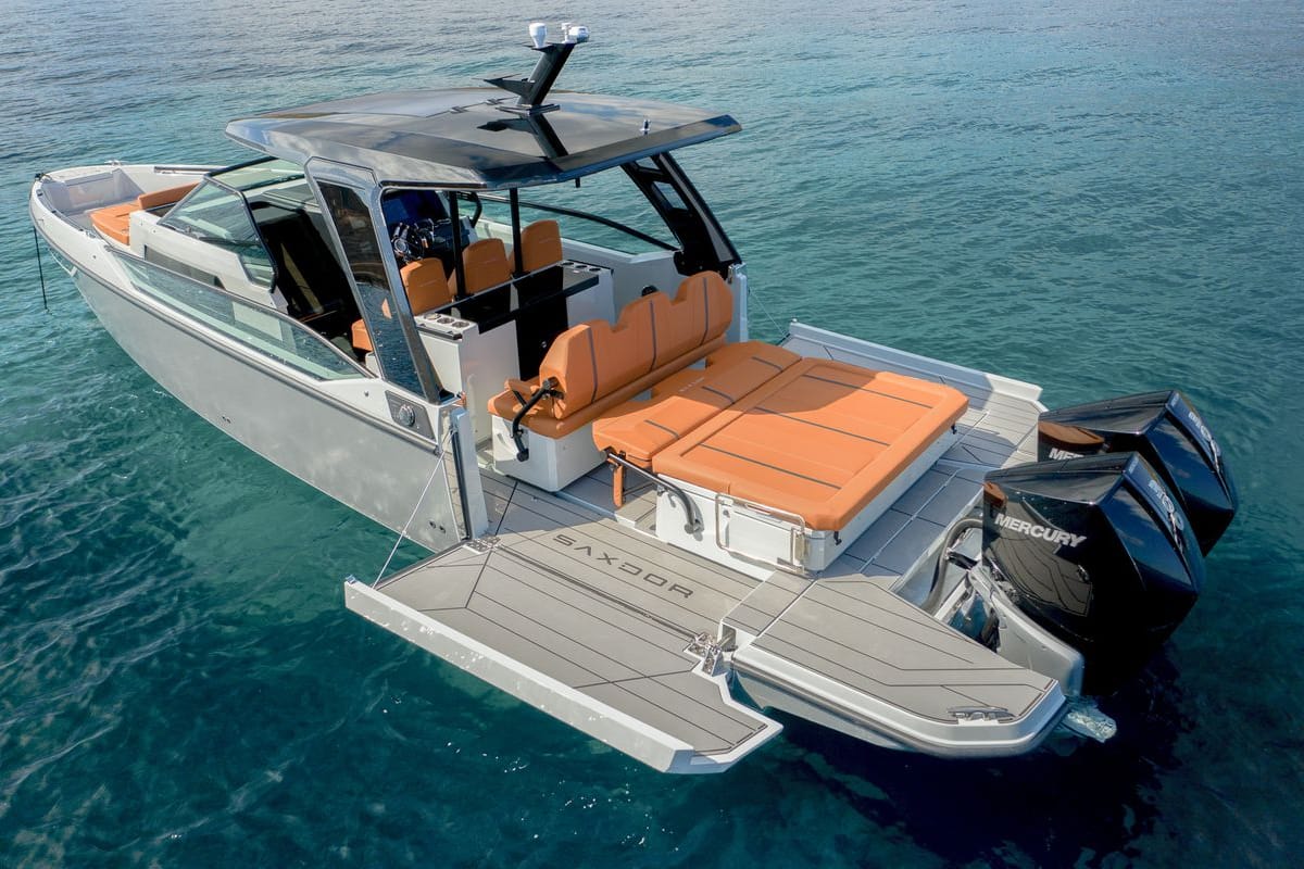 Exterior view of Poseidon, a Saxdor Yachts Saxdor 320 GTO motorboat at Alyki, Greece