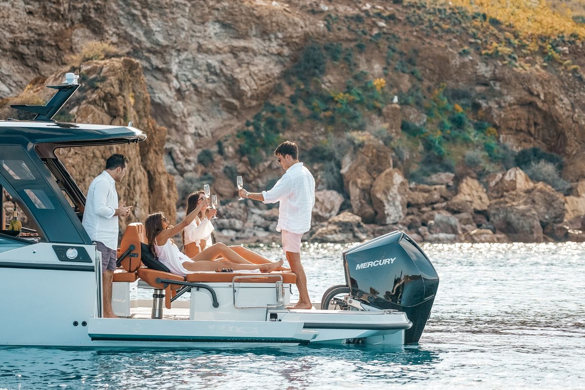 Exterior view of Poseidon, a Saxdor Yachts Saxdor 320 GTO motorboat at Alyki, Greece