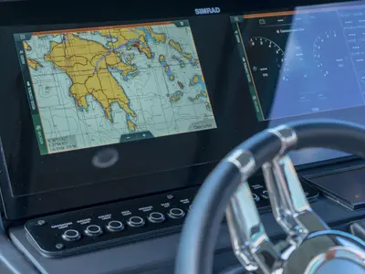 Cockpit of Poseidon, a Saxdor Yachts Saxdor 320 GTO motorboat at Alyki, Greece