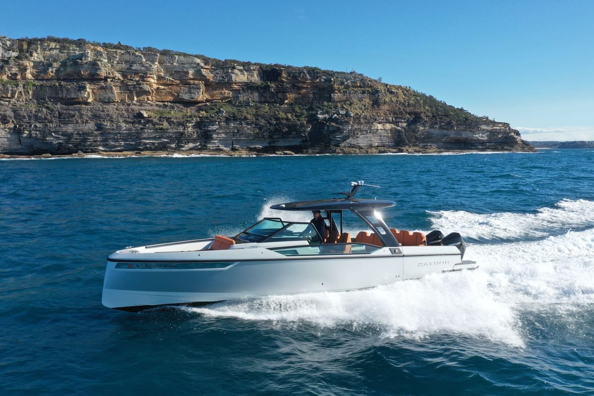 Exterior view of Poseidon, a Saxdor Yachts Saxdor 320 GTO motorboat at Alyki, Greece