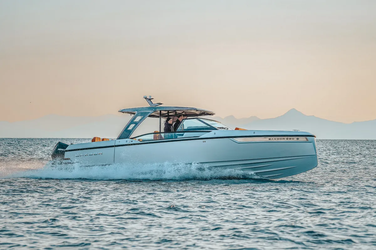 Exterior view of Poseidon, a Saxdor Yachts Saxdor 320 GTO motorboat at Alyki, Greece