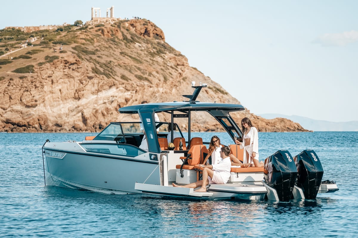 Exterior view of Poseidon, a Saxdor Yachts Saxdor 320 GTO motorboat at Alyki, Greece