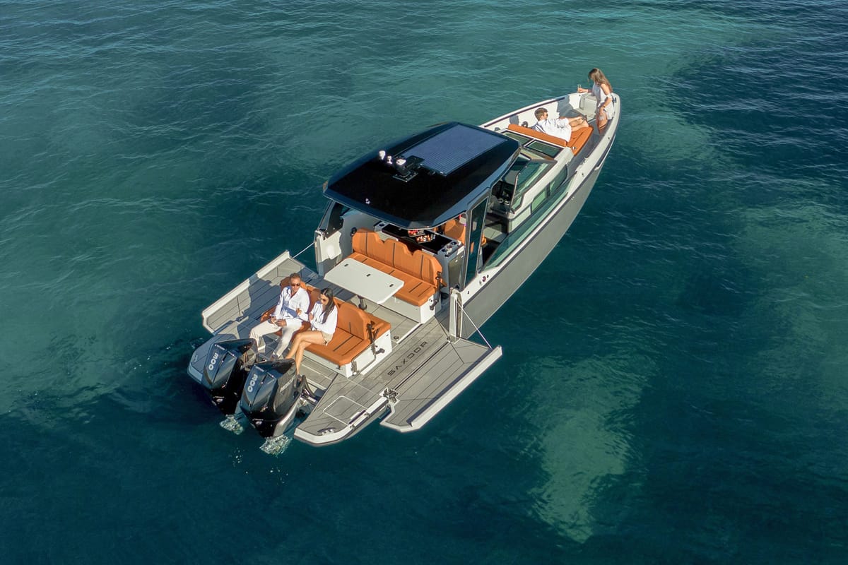 Exterior view of Poseidon, a Saxdor Yachts Saxdor 320 GTO motorboat at Alyki, Greece