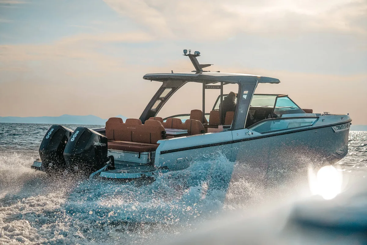 Exterior view of Poseidon, a Saxdor Yachts Saxdor 320 GTO motorboat at Alyki, Greece