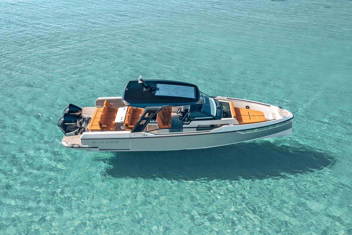 Exterior view of Poseidon, a Saxdor Yachts Saxdor 320 GTO motorboat at Alyki, Greece