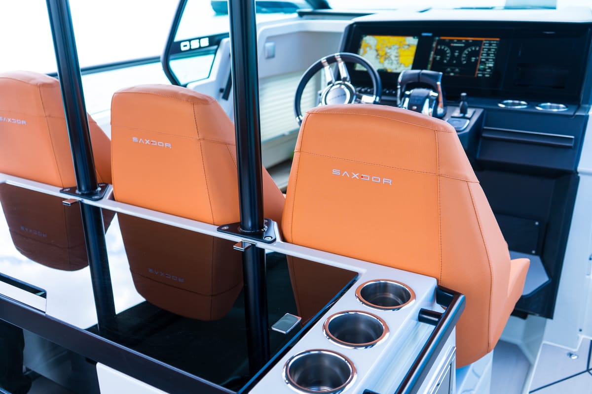 Cockpit of Poseidon, a Saxdor Yachts Saxdor 320 GTO motorboat at Alyki, Greece