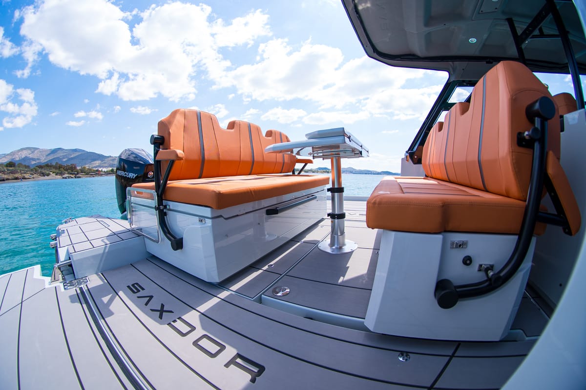 Deck of Poseidon, a Saxdor Yachts Saxdor 320 GTO motorboat at Alyki, Greece
