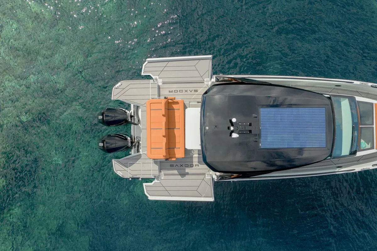 Exterior view of Poseidon, a Saxdor Yachts Saxdor 320 GTO motorboat at Alyki, Greece