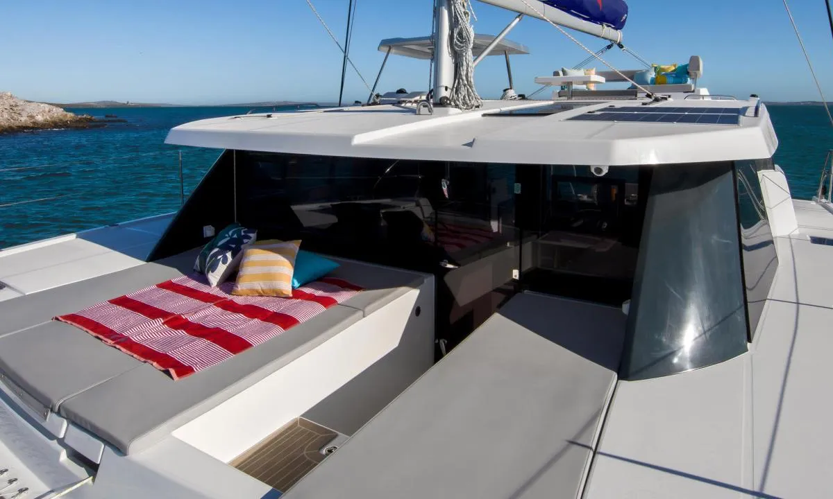 Deck of Moorings 4200/3/3 Club, a Leopard 42 catamaran at Eden Island Marina, Seychelles
