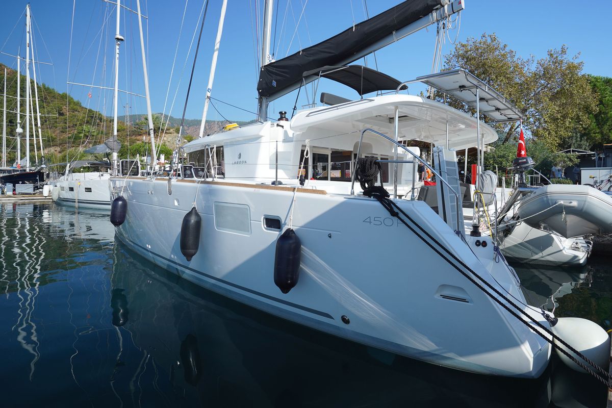 Exterior view of Big Dream, a Lagoon 450 Fly catamaran at Marmaris, Turkey
