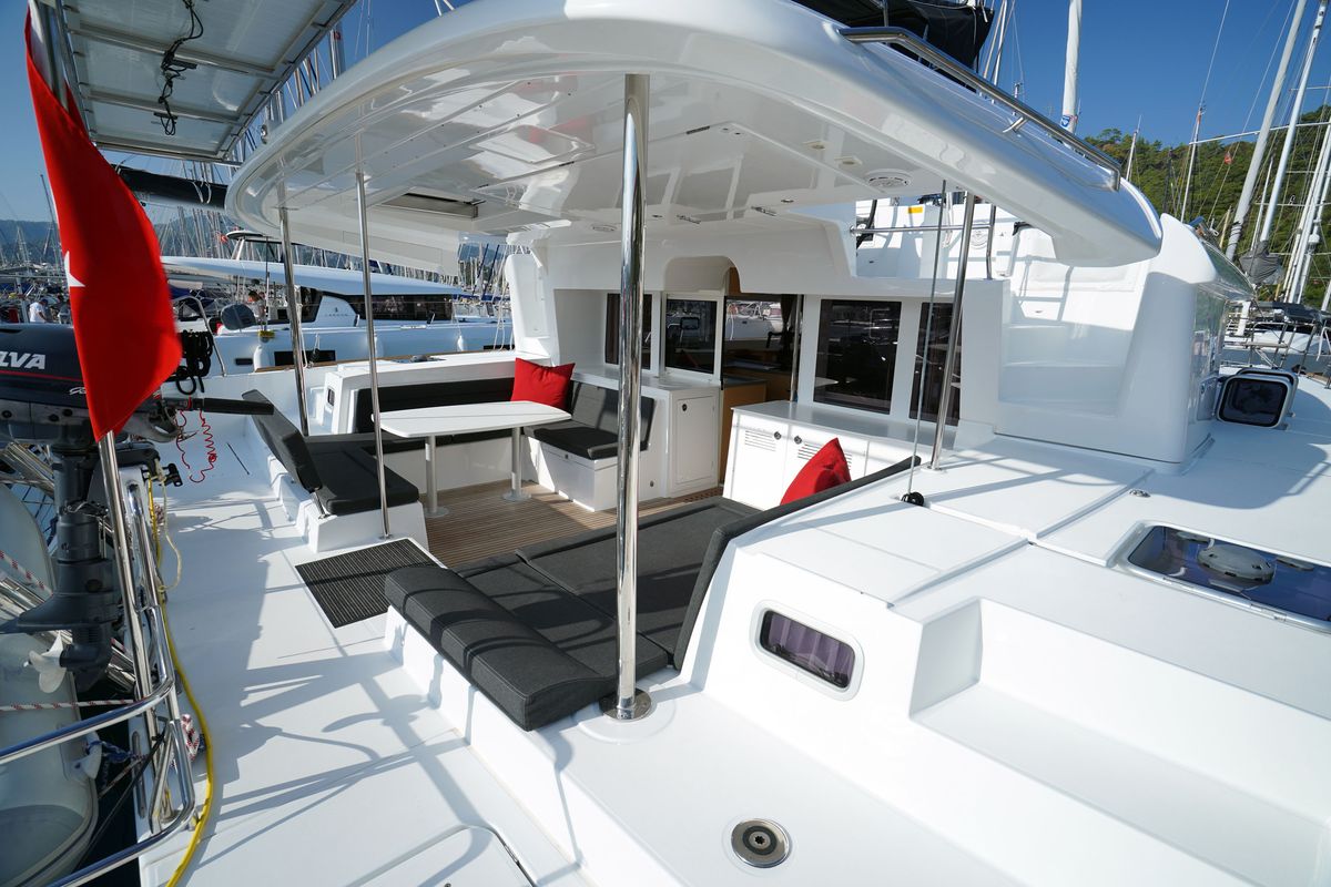 Salon of Big Dream, a Lagoon 450 Fly catamaran at Marmaris, Turkey