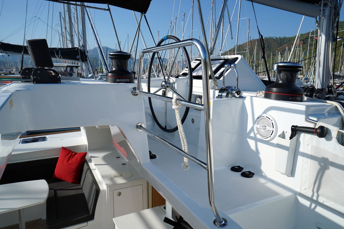 Deck of Big Dream, a Lagoon 450 Fly catamaran at Marmaris, Turkey