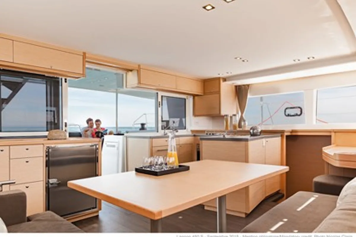 Salon of Sea Breeze, a Lagoon 450 Fly catamaran at Kos, Greece
