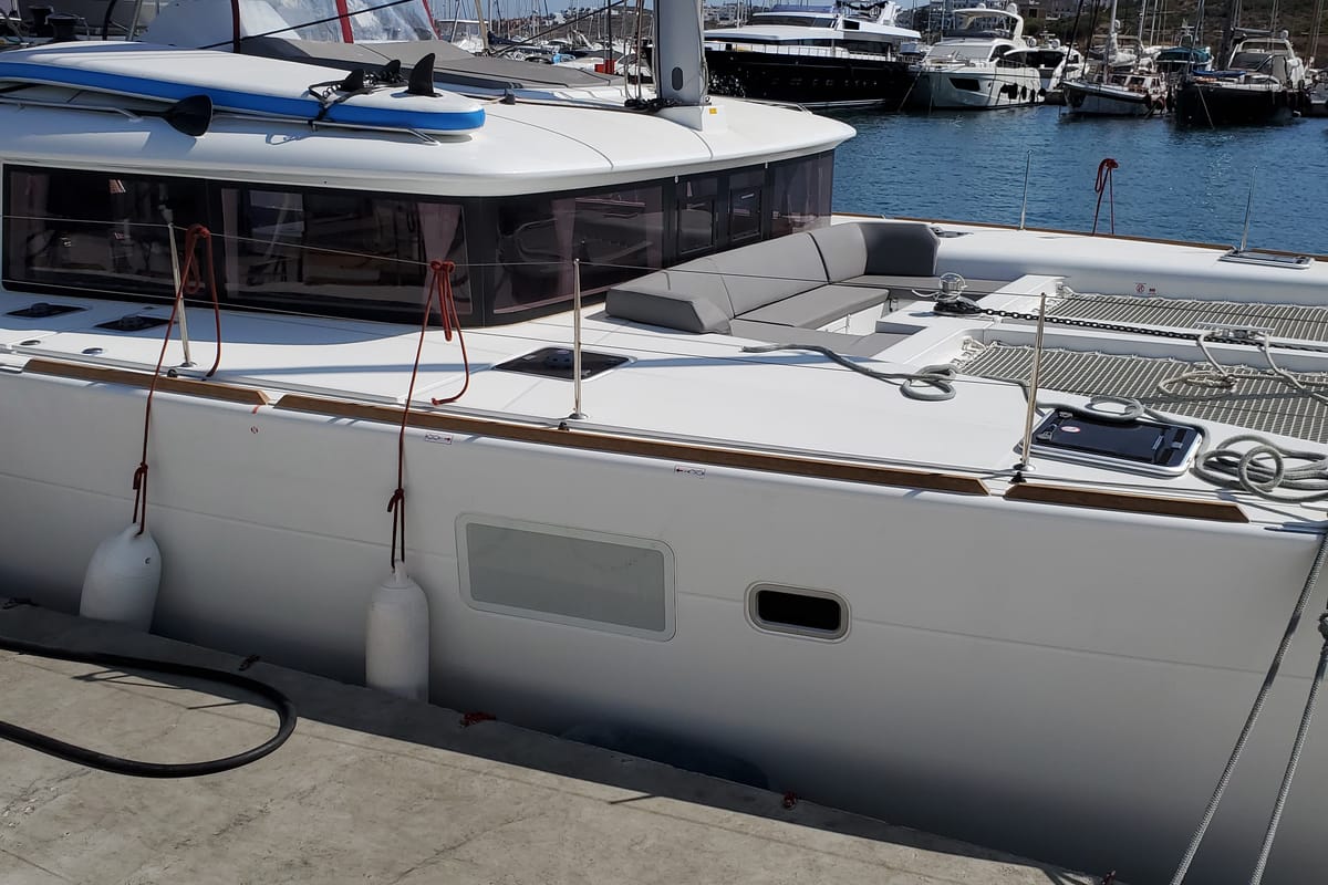 Exterior view of Sea Breeze, a Lagoon 450 Fly catamaran at Kos, Greece