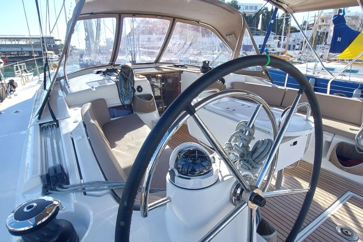 Cockpit of FIESTA, a Jeanneau Sun Odyssey 519 sailboat at Municipal Unit of Lefkada, Greece