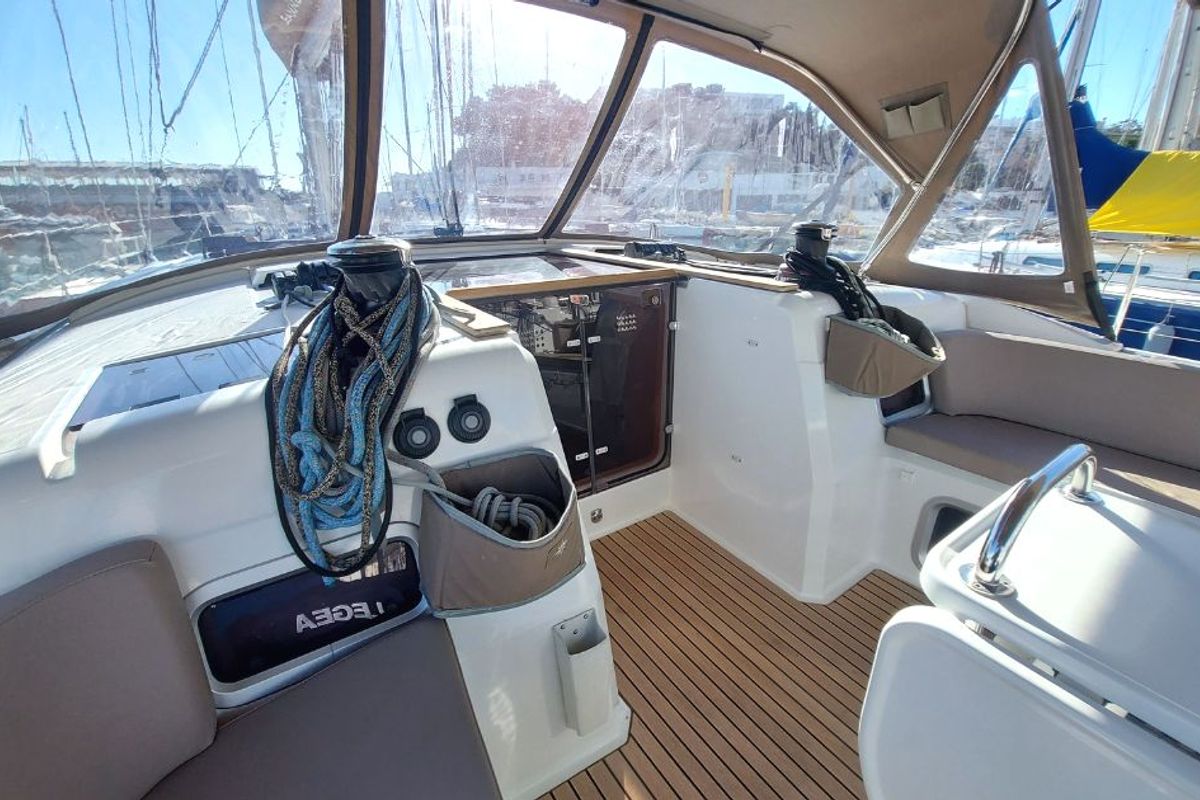 Cockpit of FIESTA, a Jeanneau Sun Odyssey 519 sailboat at Municipal Unit of Lefkada, Greece
