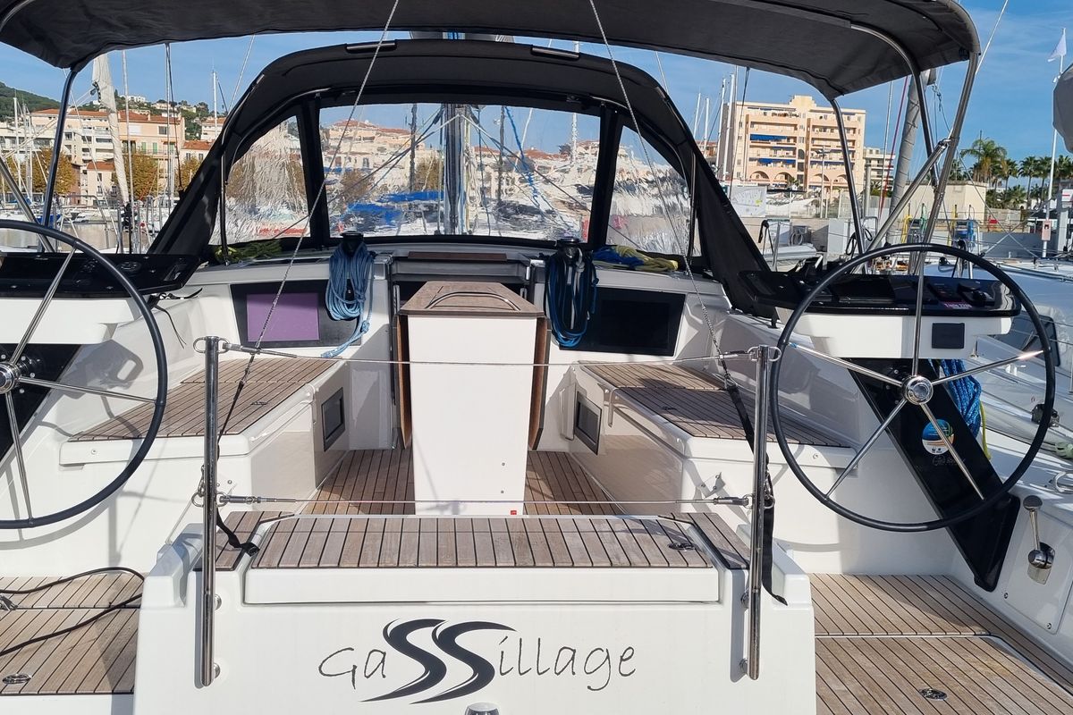 Cockpit of Gassillage, a Dufour 41 sailboat at Vallauris, France