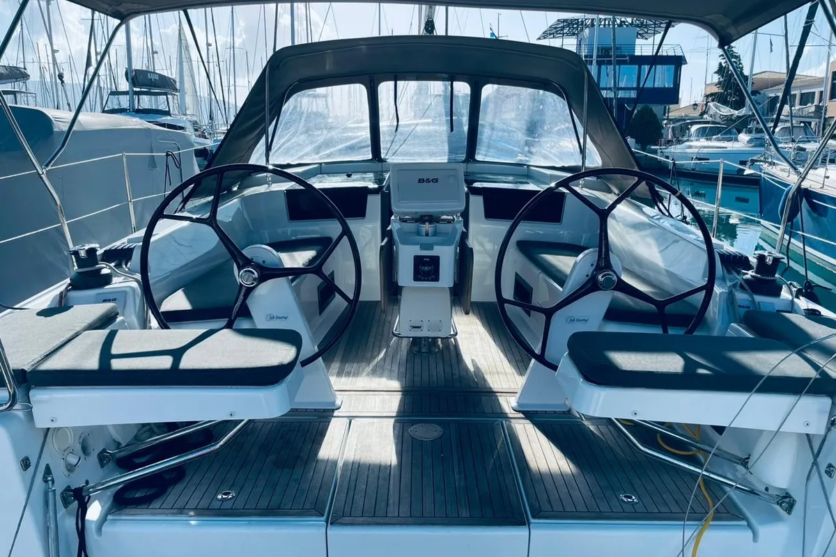 Cockpit of Mersina, a Hanse Yachts Hanse 418 sailboat at Municipal Unit of Lefkada, Greece