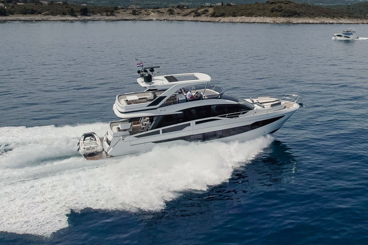 Exterior view of Premium +, a Galeon 640 Fly yacht at Seget Donji, Croatia