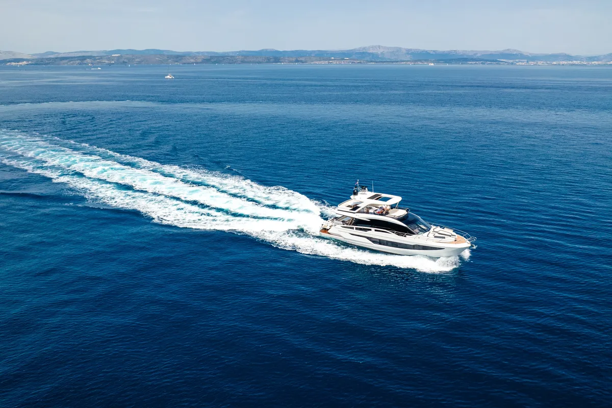Exterior view of Premium +, a Galeon 640 Fly yacht at Seget Donji, Croatia