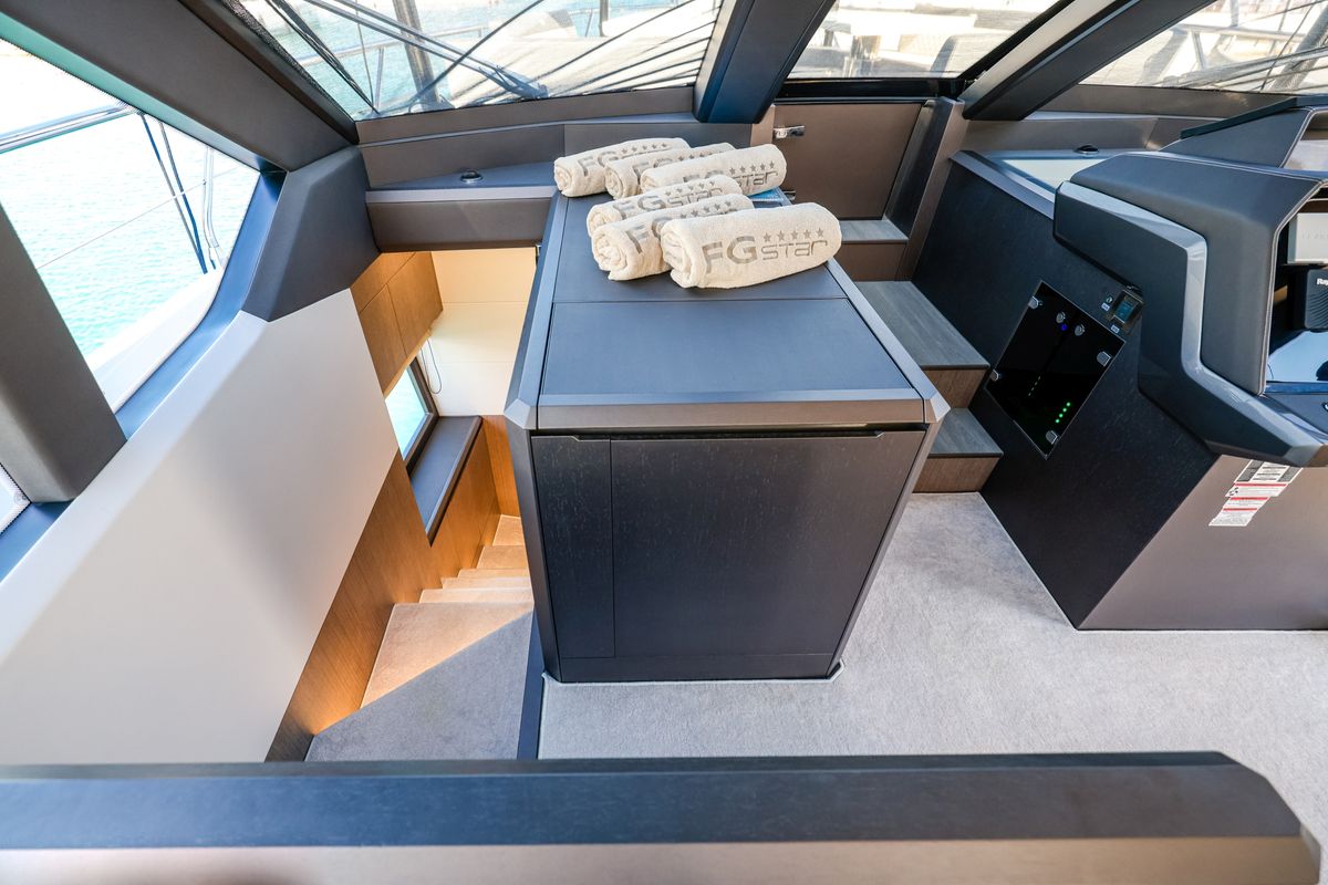 Cockpit of Premium +, a Galeon 640 Fly yacht at Seget Donji, Croatia