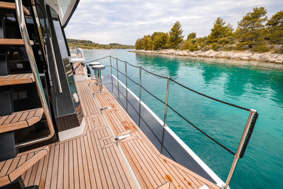 Deck of Premium +, a Galeon 640 Fly yacht at Seget Donji, Croatia