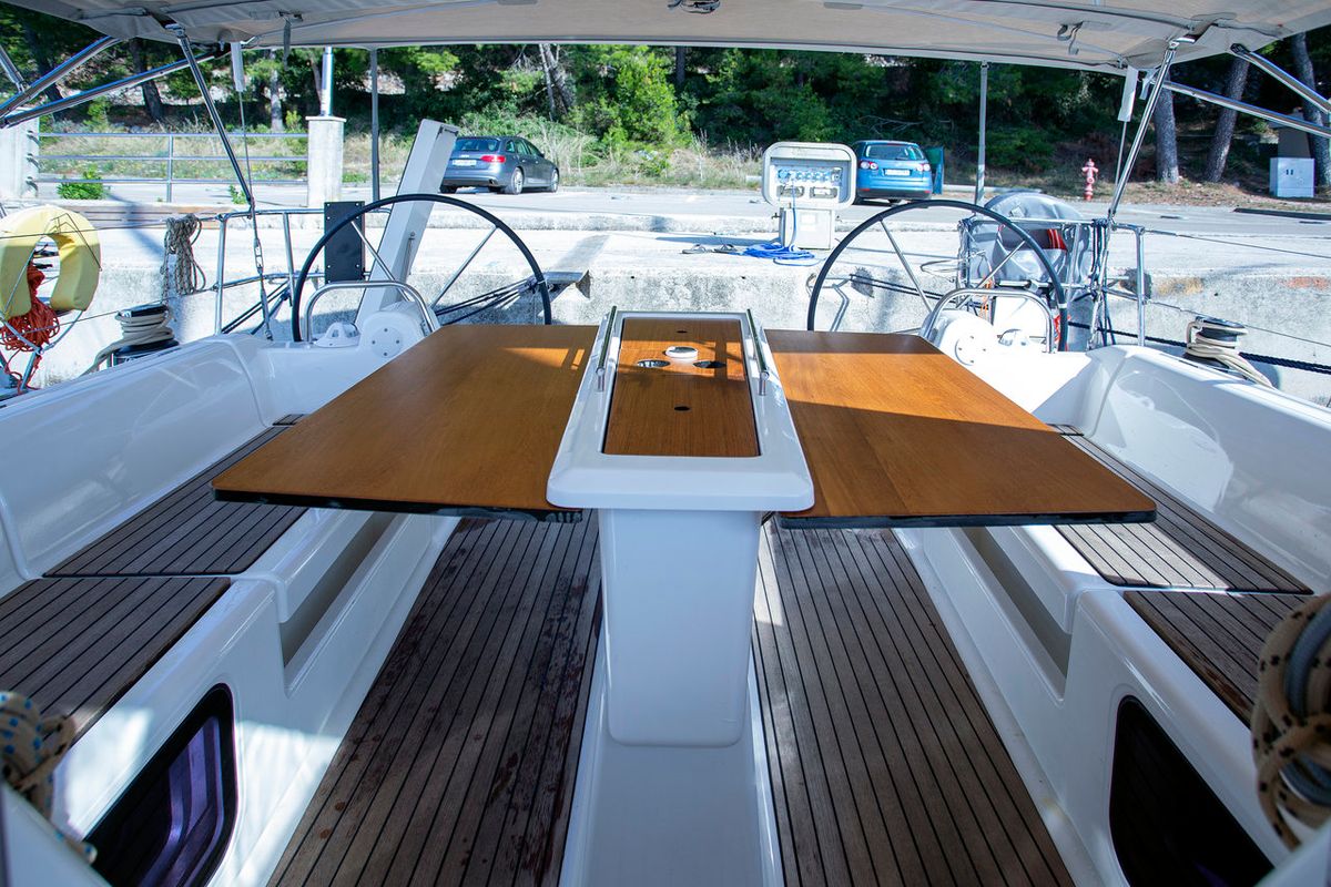 Deck of Skyra, a Dufour 412 GL sailboat at Grad Pula, Croatia
